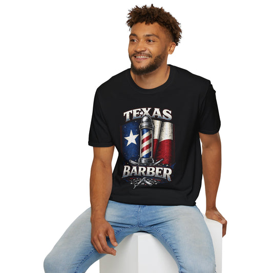 Texas Barber T‑Shirt — Vintage Texas Flag & Barber Pole Graphic
