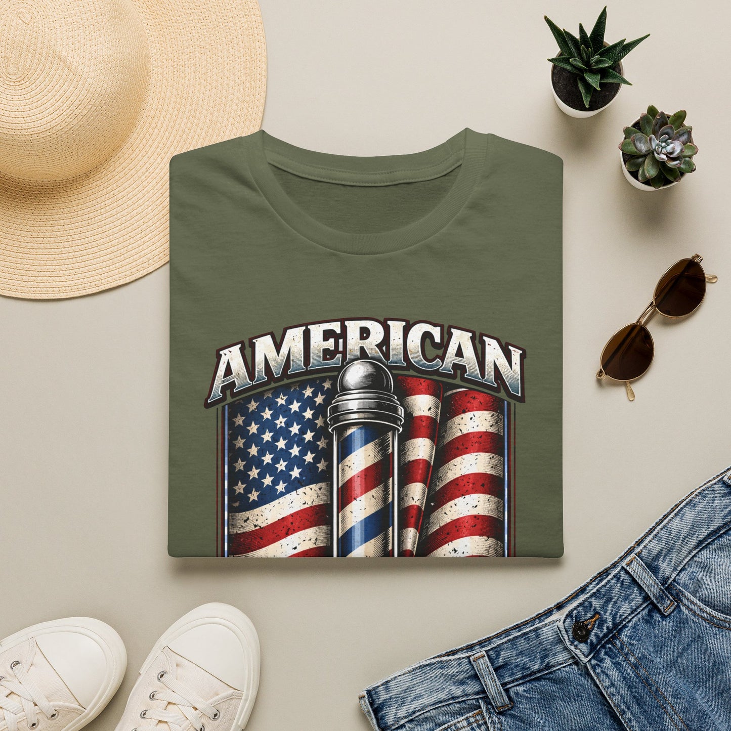 American Barber T-Shirt — Vintage Flag Barber Pole Tee