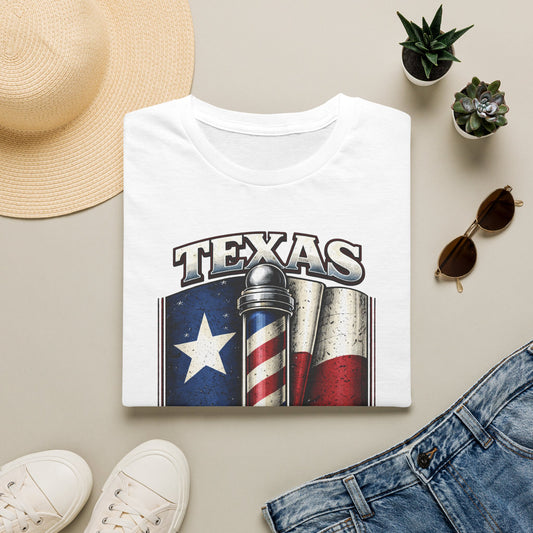 Texas Barber T‑Shirt — Vintage Texas Flag & Barber Pole Graphic