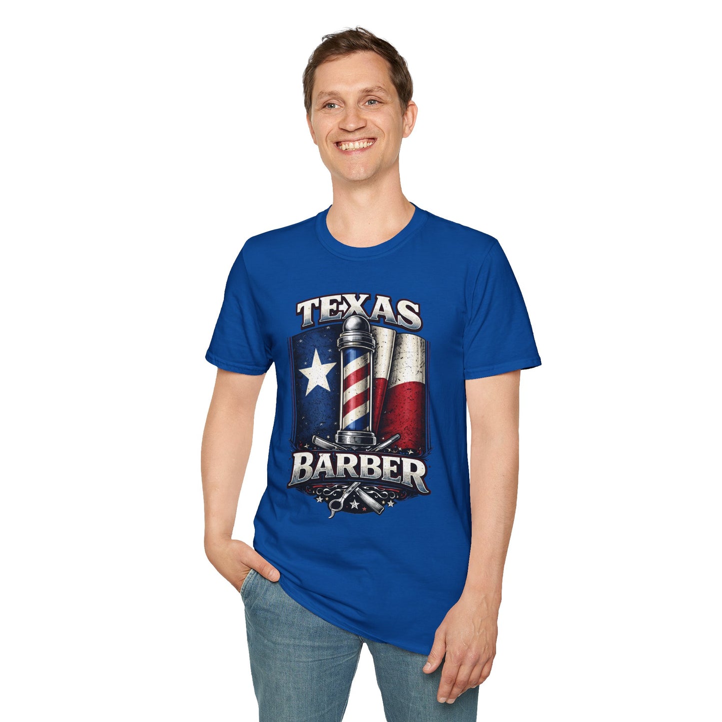 Texas Barber T‑Shirt — Vintage Texas Flag & Barber Pole Graphic