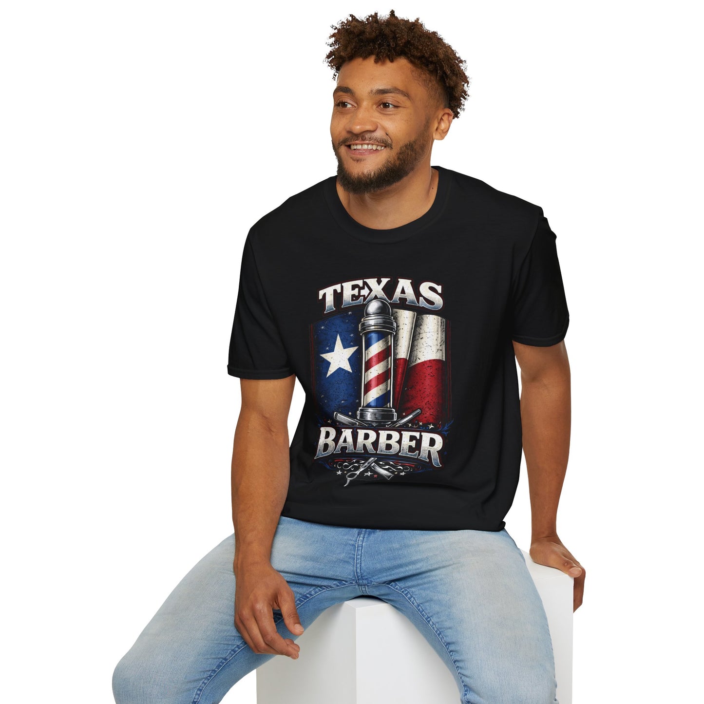 Texas Barber T‑Shirt — Vintage Texas Flag & Barber Pole Graphic